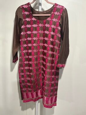 Women’s Brown and Pink Embroidered Tunic Dress